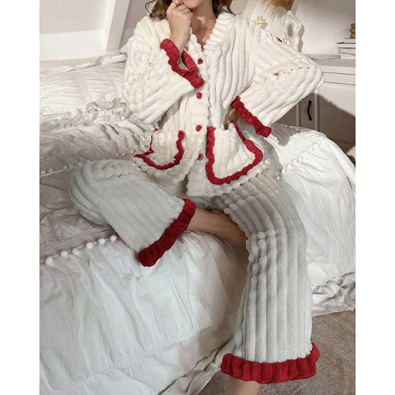 Women's Elegant Fleece Ruffle Long Lounge Pajama Set
