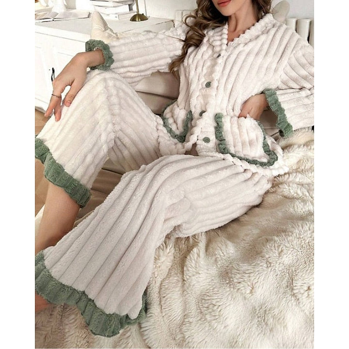 Women's Elegant Fleece Ruffle Long Lounge Pajama Set