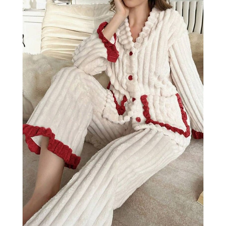 Women's Elegant Fleece Ruffle Long Lounge Pajama Set