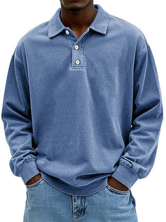 Men's Long-Sleeve Cotton Polo Shirt with Ribbed Cuffs