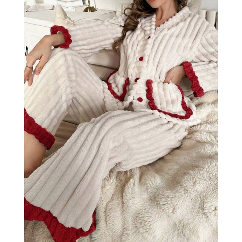 Women's Elegant Fleece Ruffle Long Lounge Pajama Set