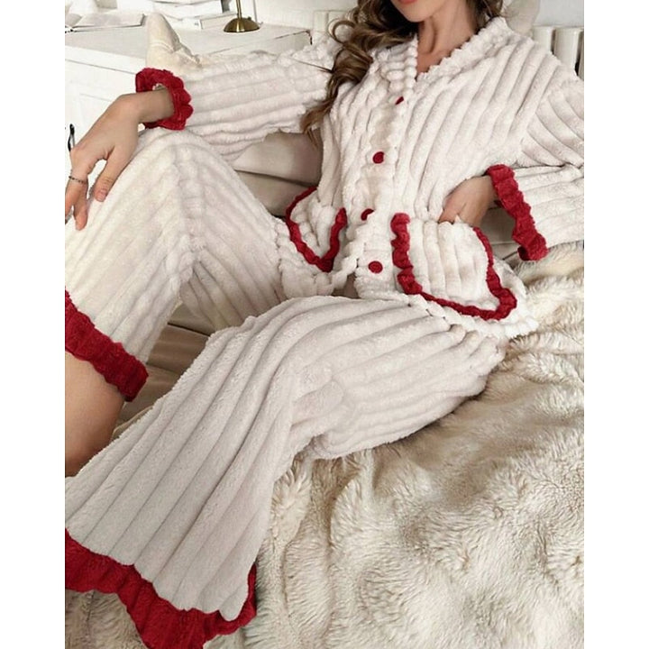 Women's Elegant Fleece Ruffle Long Lounge Pajama Set