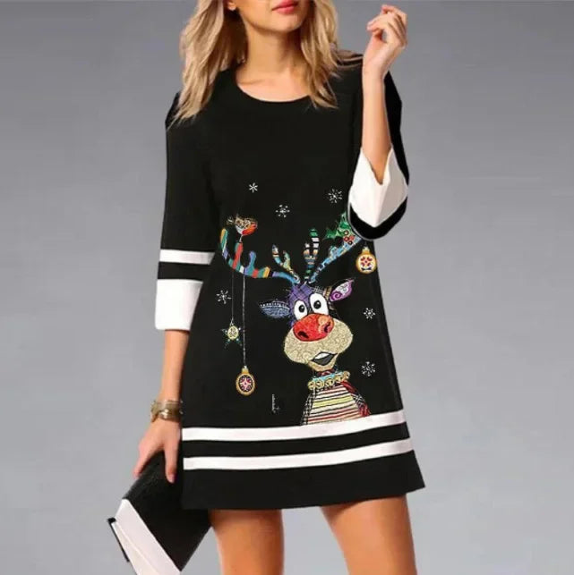 Women's Stylish Long Sleeve Mini Christmas Sweater Dress - Black 1