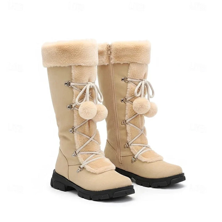 Women's Fur Trim Lace-Up Winter Boots Women - Beige