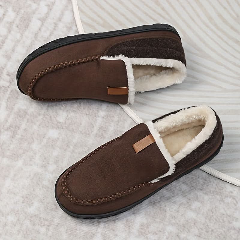 Men's Wide Fit Faux Wool Moccasin Slippers - Brown