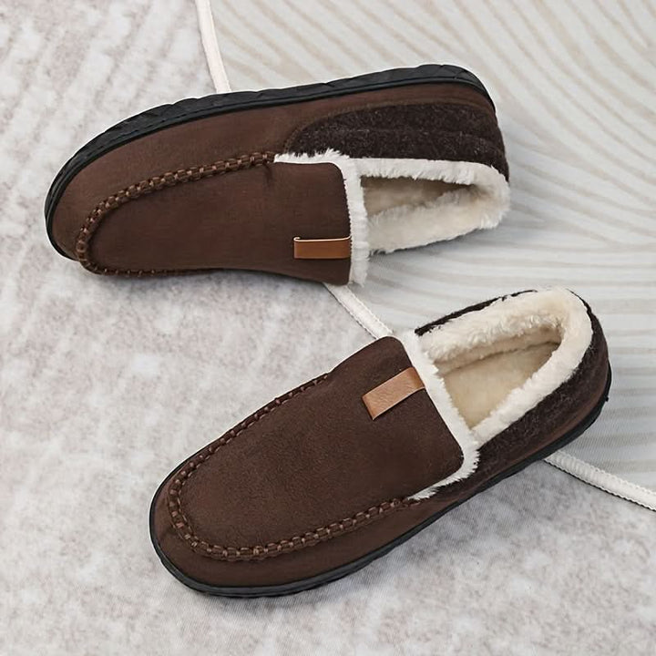 Men's Wide Fit Faux Wool Moccasin Slippers - Brown