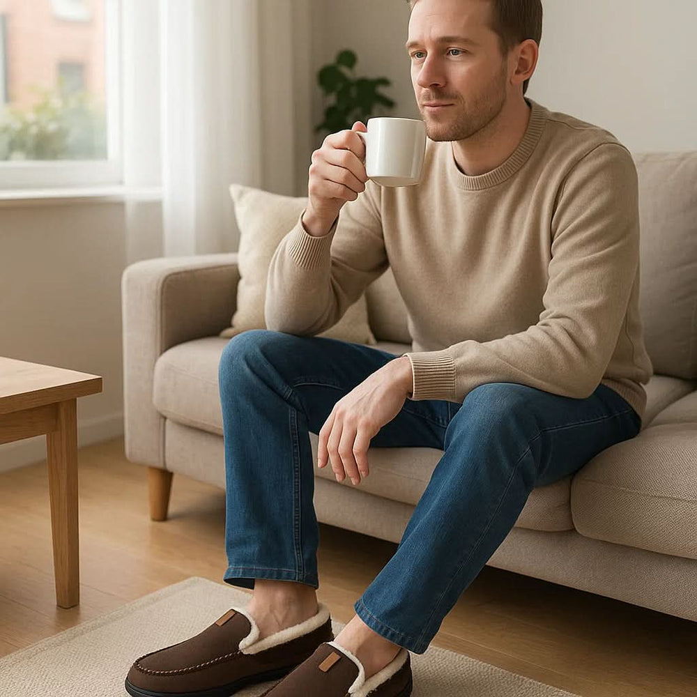 Men's Wide Fit Faux Wool Moccasin Slippers