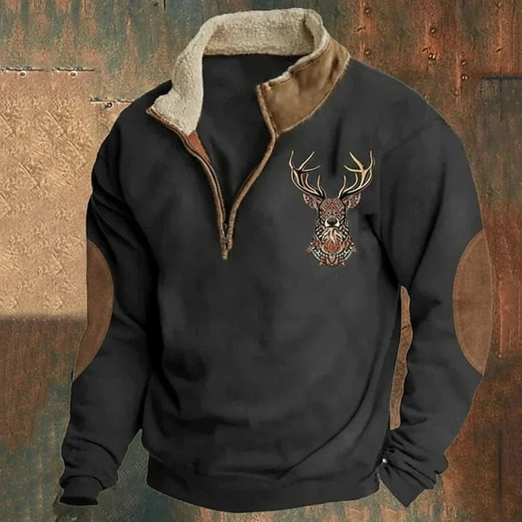 Men's Deer Polo Quarter Zip Sweater - Black