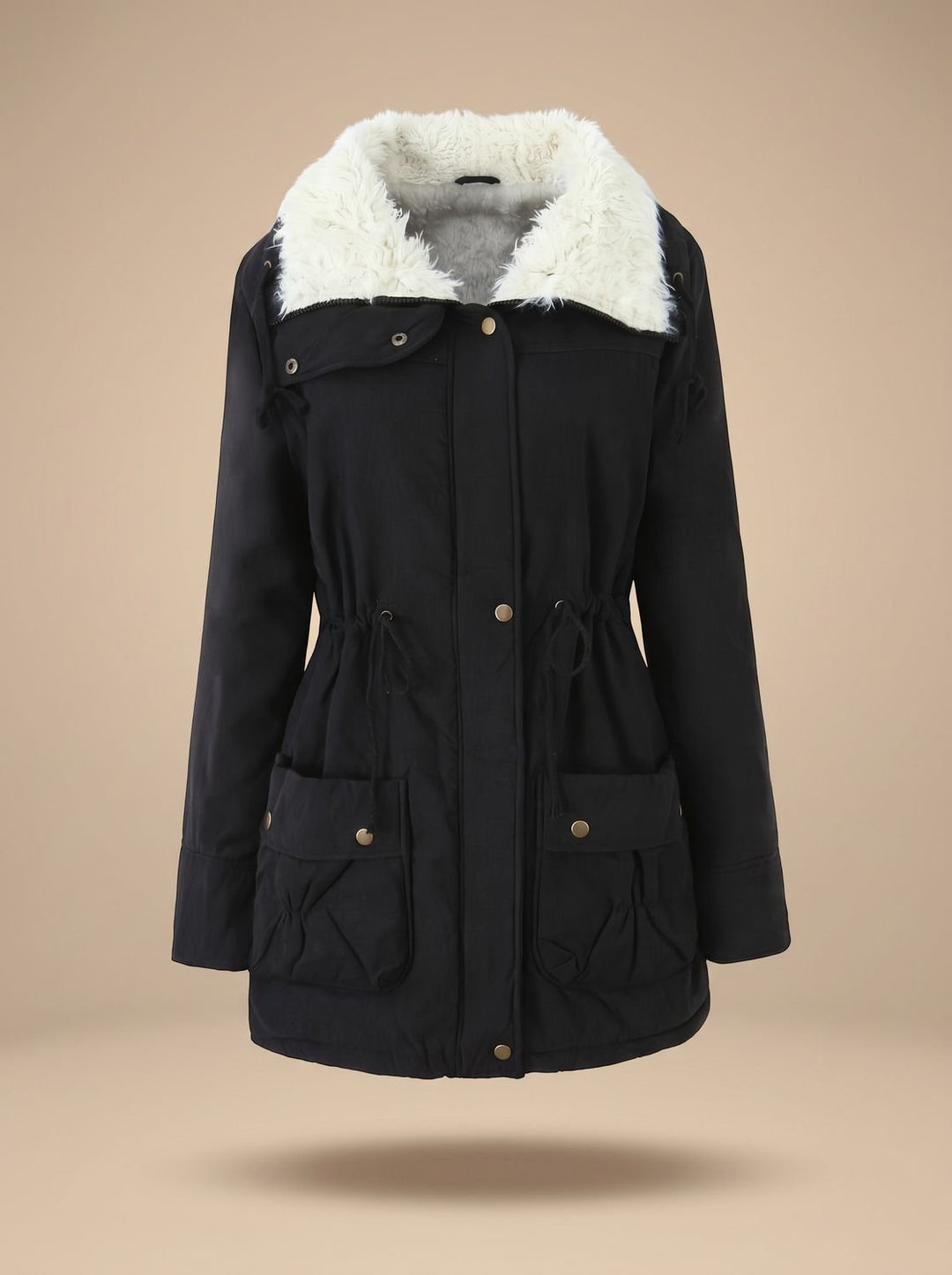 Women's Hooded Faux Fur Collar Winter Coat - Black