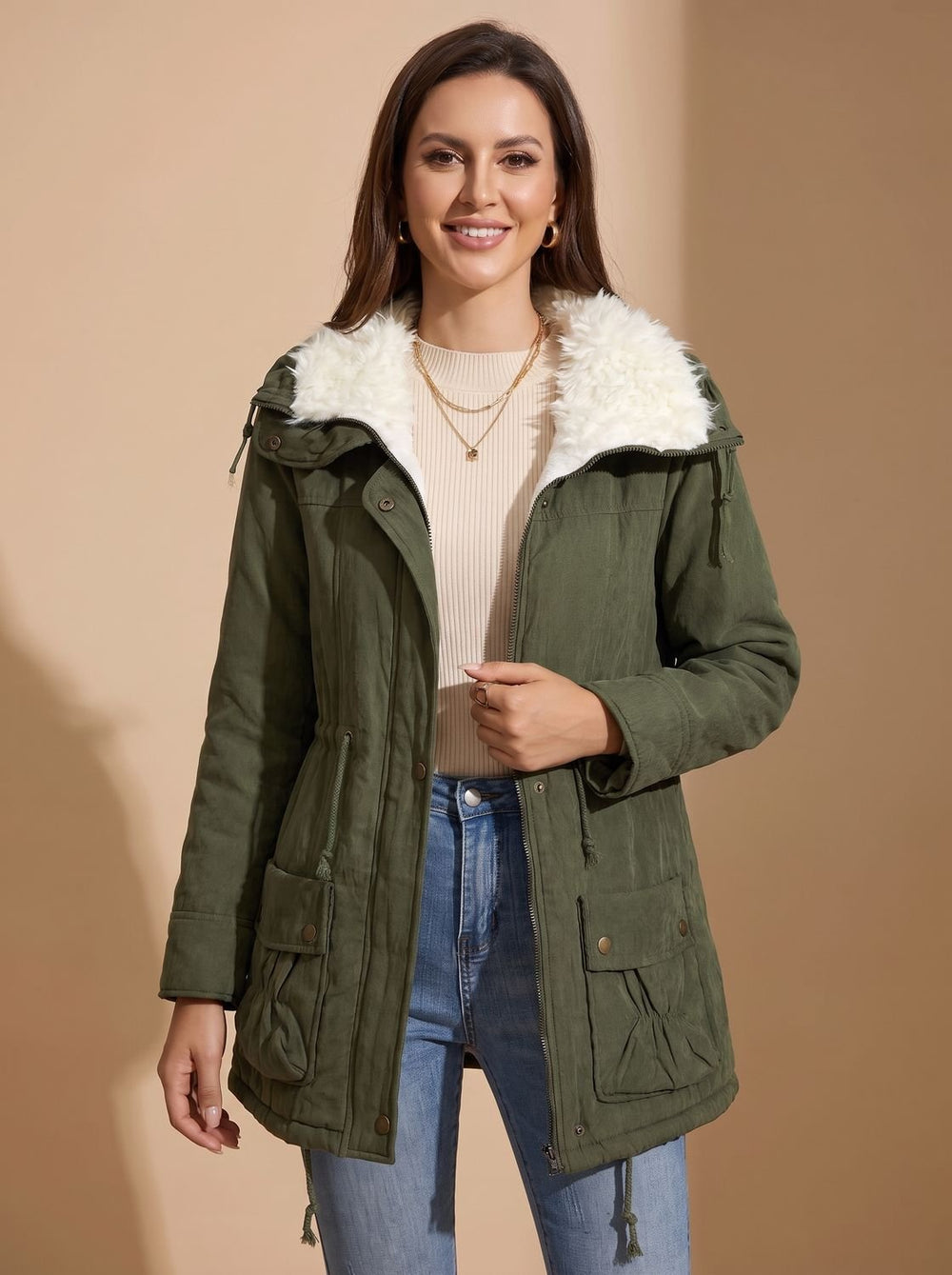 Women's Hooded Faux Fur Collar Winter Coat - Olive Green