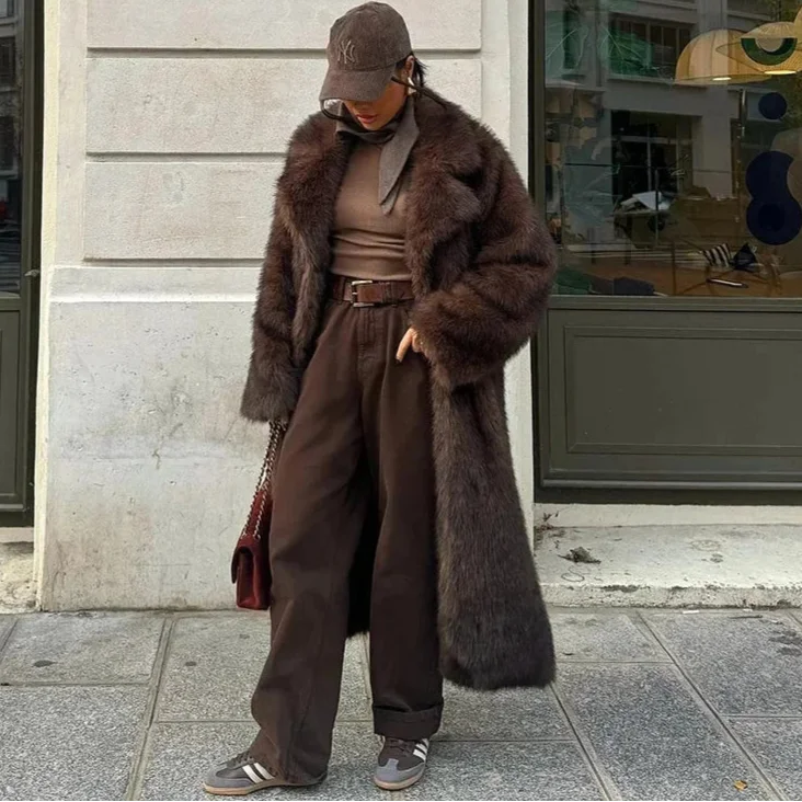 Women's Long Winter Faux Fur Mink Coat - Brown