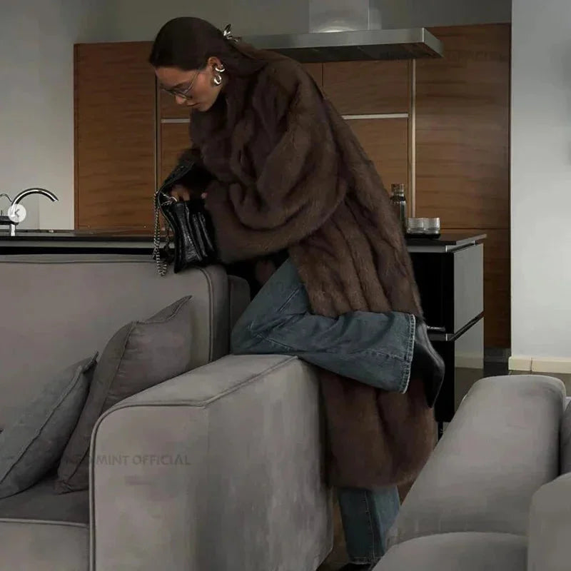 Women's Long Winter Faux Fur Mink Coat
