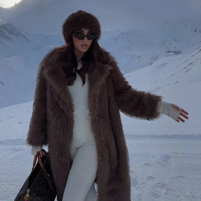 Women's Long Winter Faux Fur Mink Coat