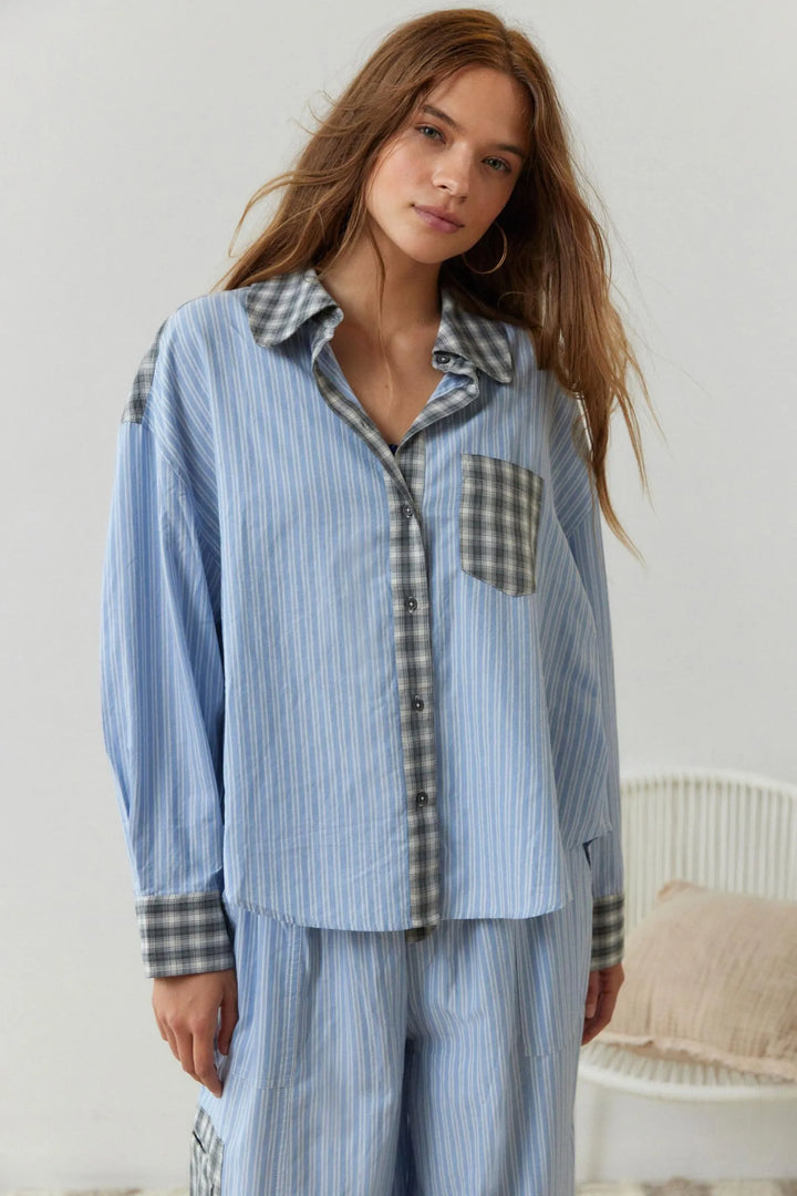 Women's Cotton Matching Long Indigo Pajama Set - Blue