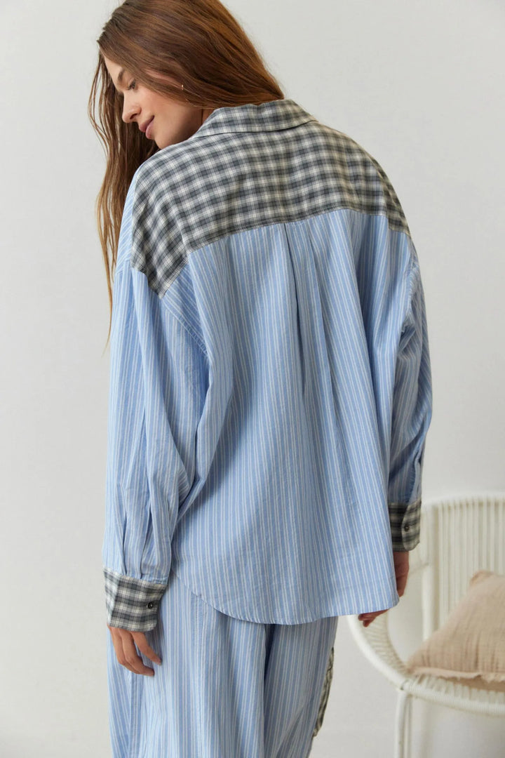 Women's Cotton Matching Long Indigo Pajama Set