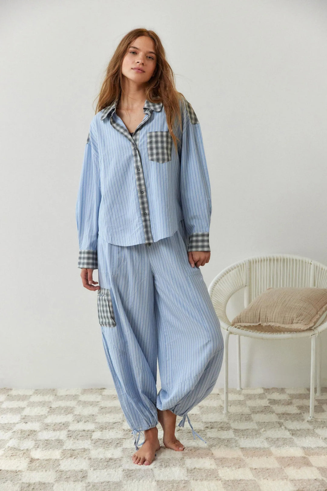 Women's Cotton Matching Long Indigo Pajama Set