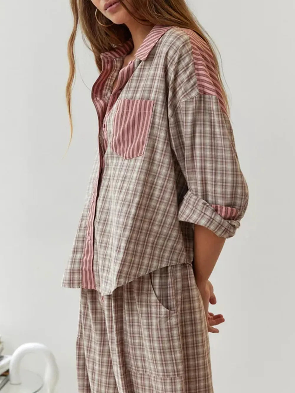 Women's Cotton Matching Long Indigo Pajama Set - Brown