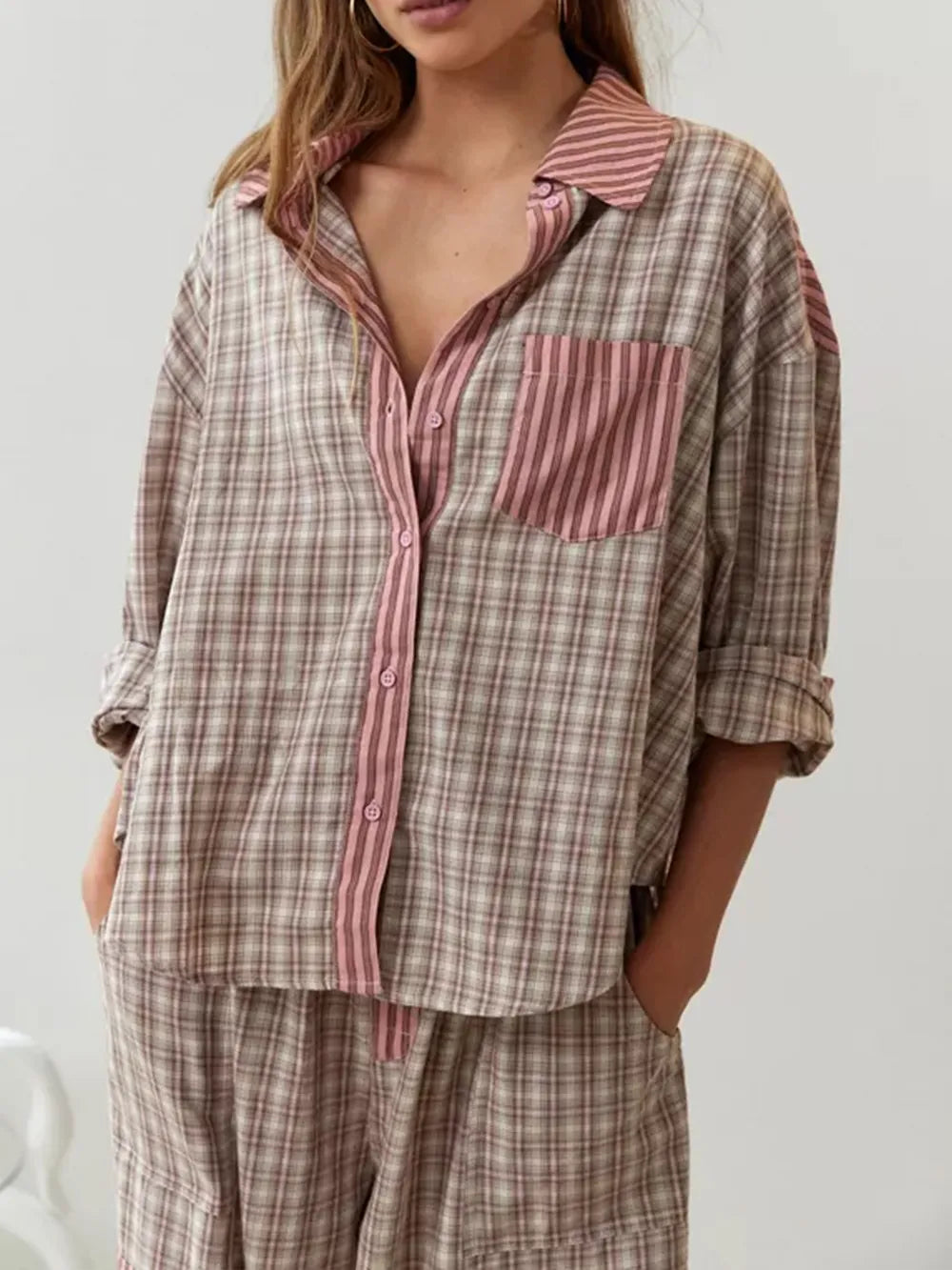 Women's Cotton Matching Long Indigo Pajama Set