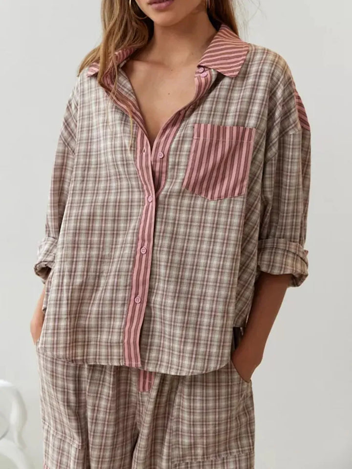 Women's Cotton Matching Long Indigo Pajama Set