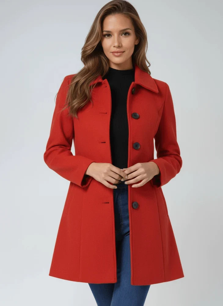 Women's Wool Button Front Long Coat - Red