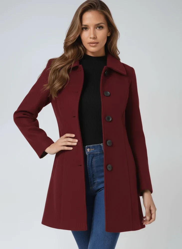 Women's Wool Button Front Long Coat - Burgundy