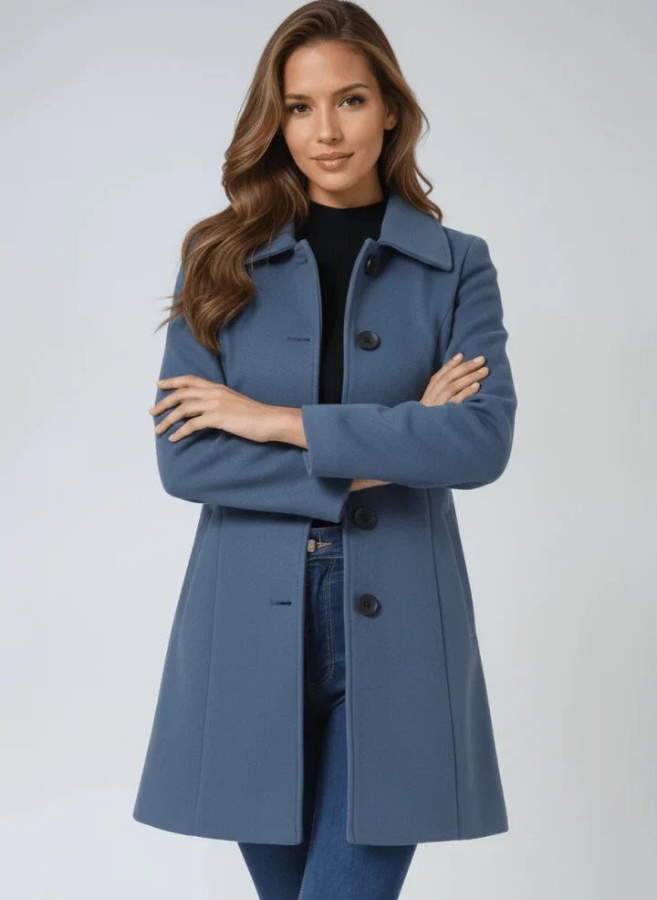Women's Wool Button Front Long Coat - Blue