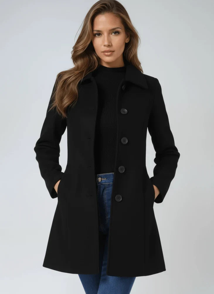Women's Wool Button Front Long Coat - Black