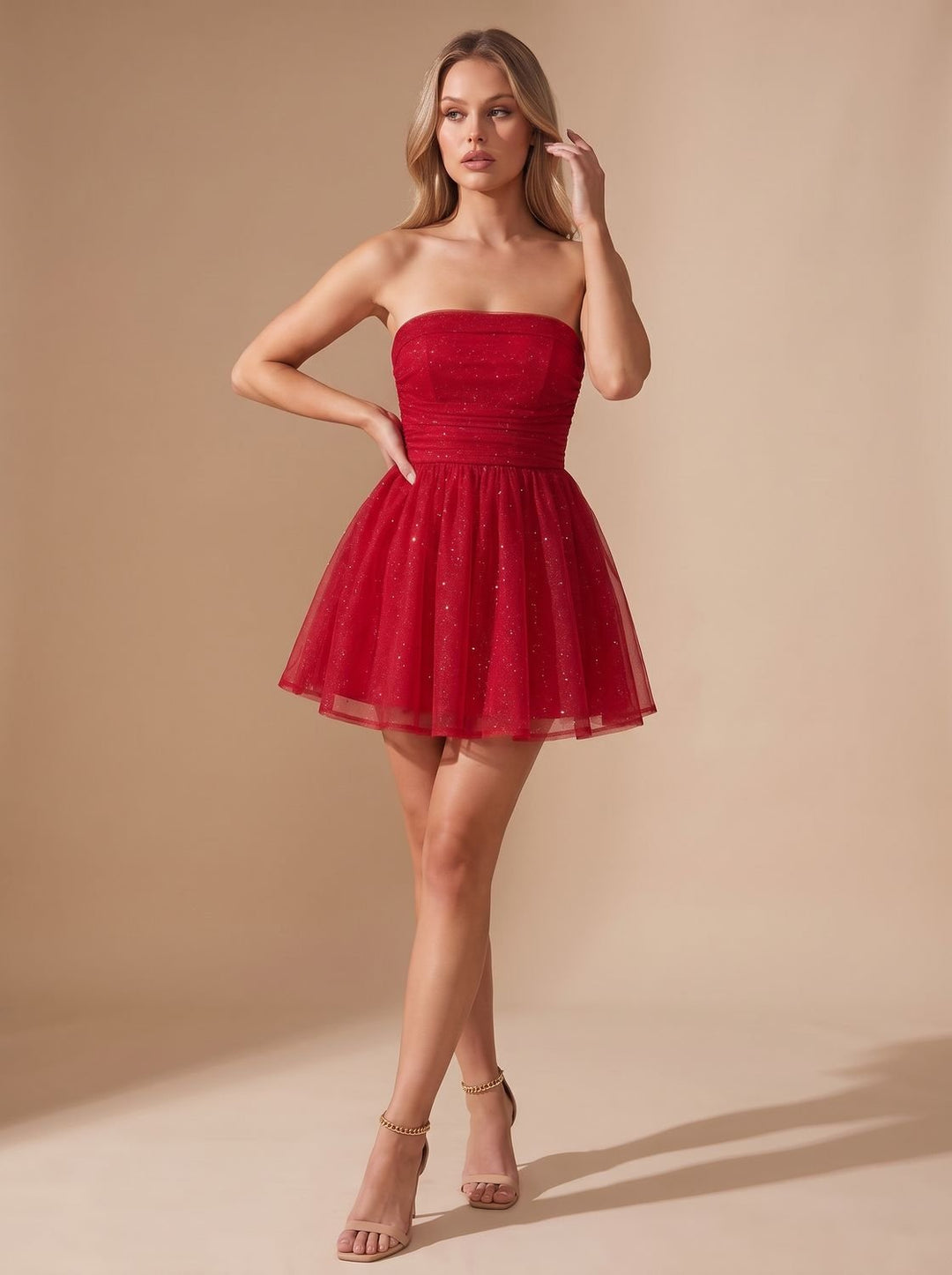 Women's Sparkly A Line Mini Christmas Party Dress - Red