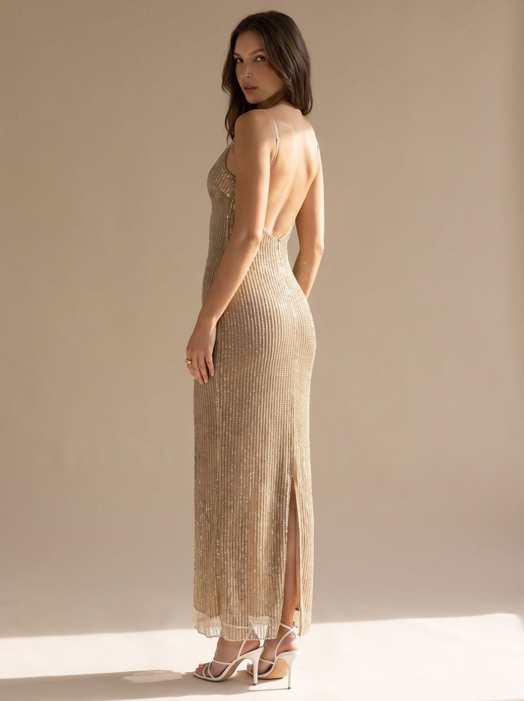 Women's Sparkly Scoop Neck Maxi Christmas Party Dress - Apricot