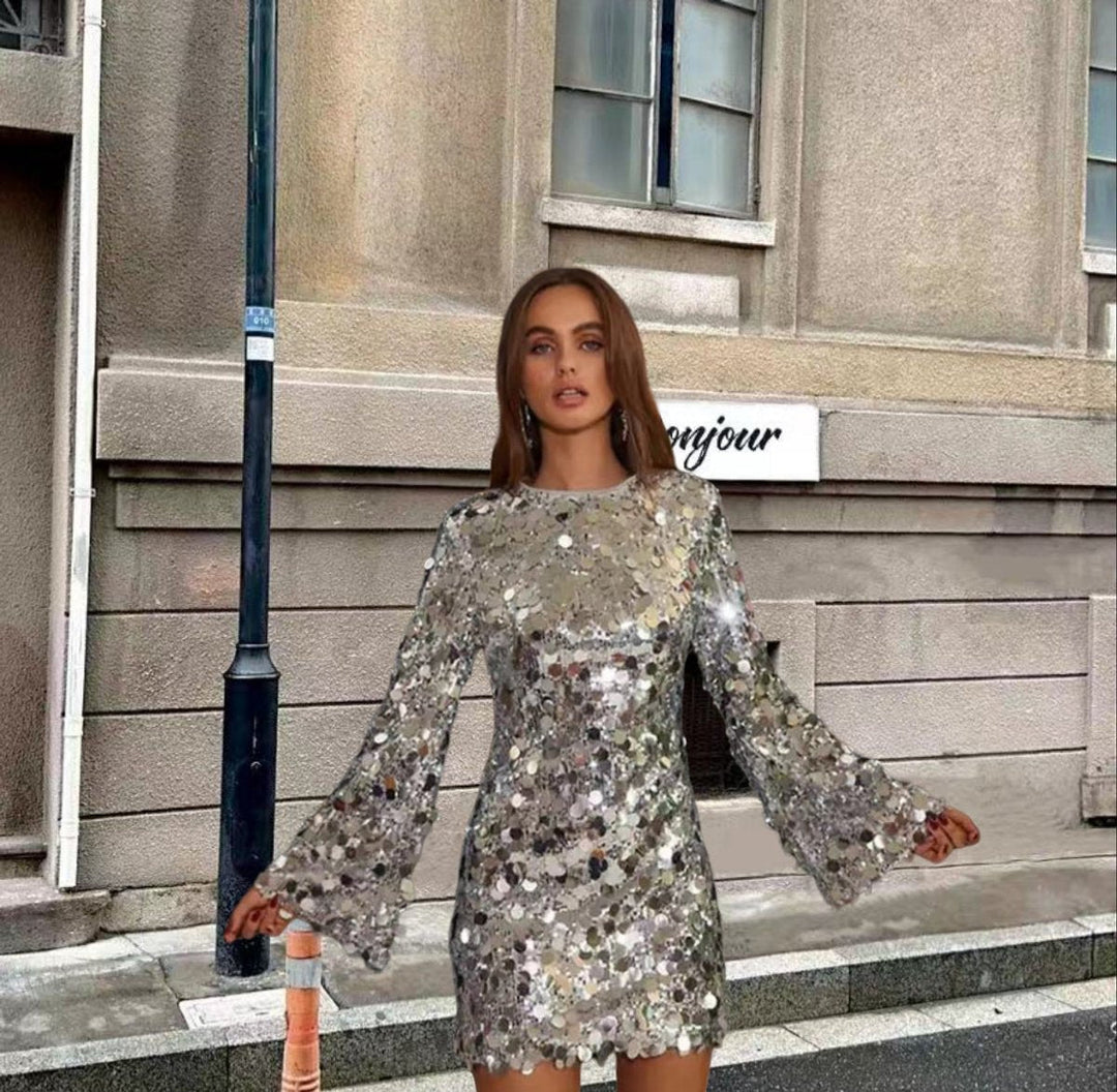 Women's Chic Long Sleeve Bodycon Christmas Party Dress - Silver