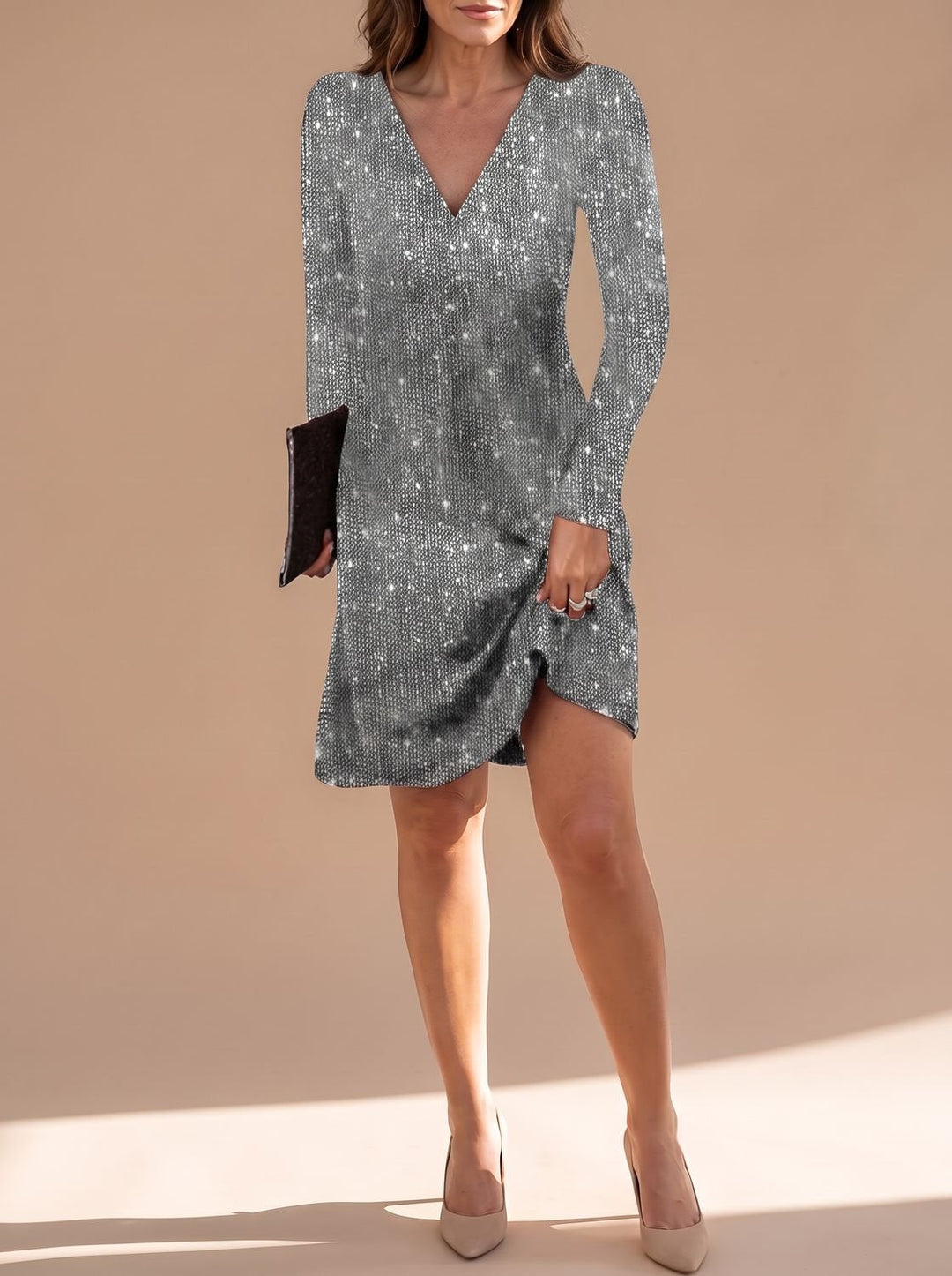 Women's Stylish Sequin Christmas Party Dress - Silver Grey