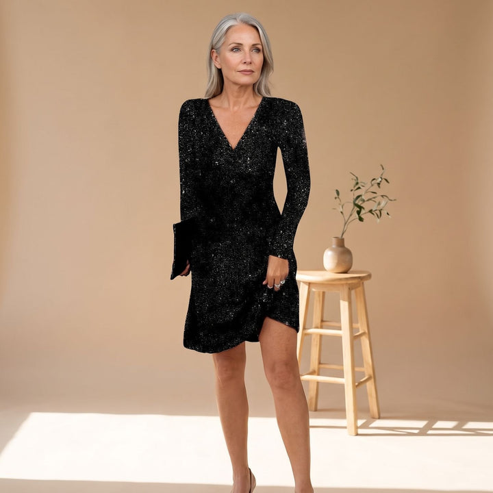 Women's Stylish Sparkly Long Sleeve Christmas Party Dress - Black