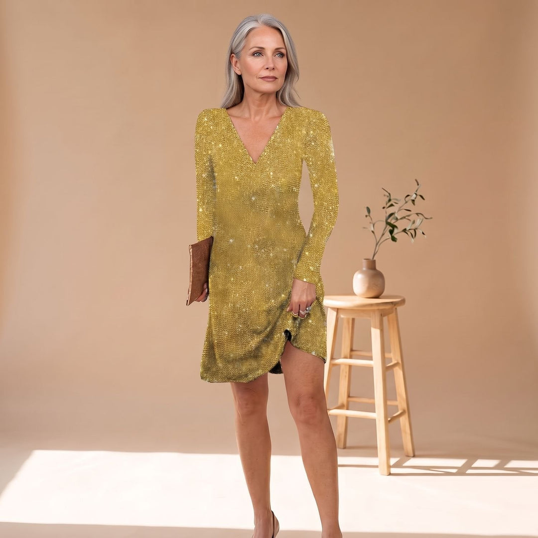 Women's Stylish Sparkly Long Sleeve Christmas Party Dress - Yellow