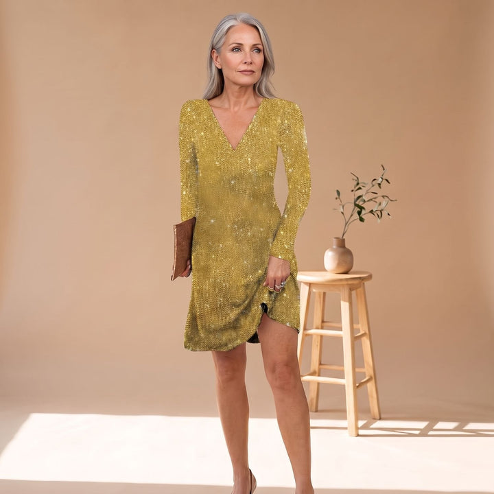 Women's Stylish Sparkly Long Sleeve Christmas Party Dress - Yellow