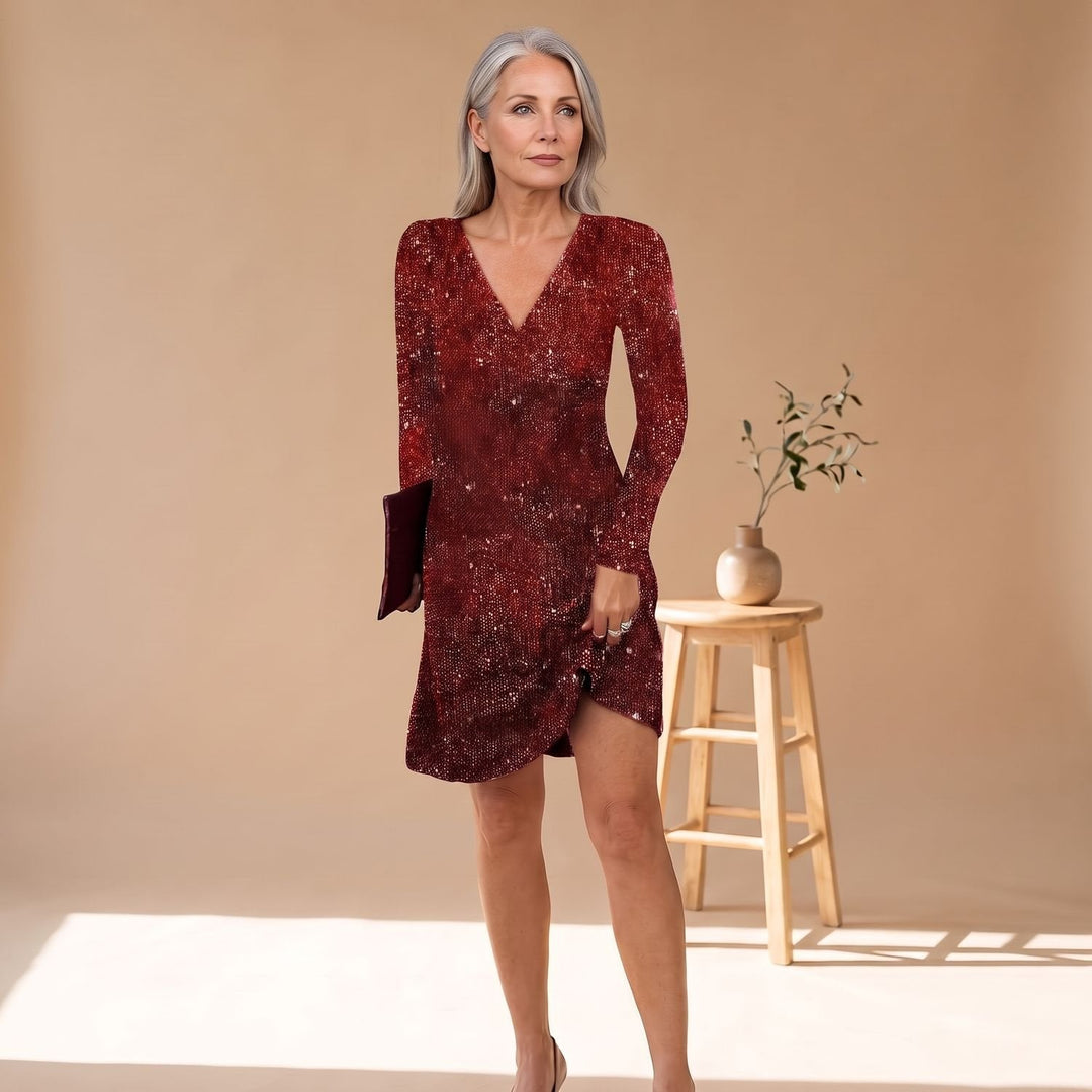 Women's Stylish Sparkly Long Sleeve Christmas Party Dress - Red