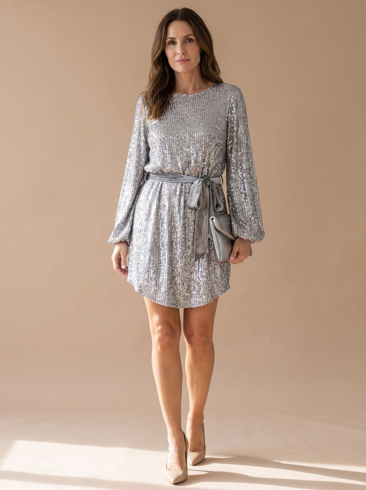 Women's Sparkly Long Sleeve Christmas Party Dress - Grey