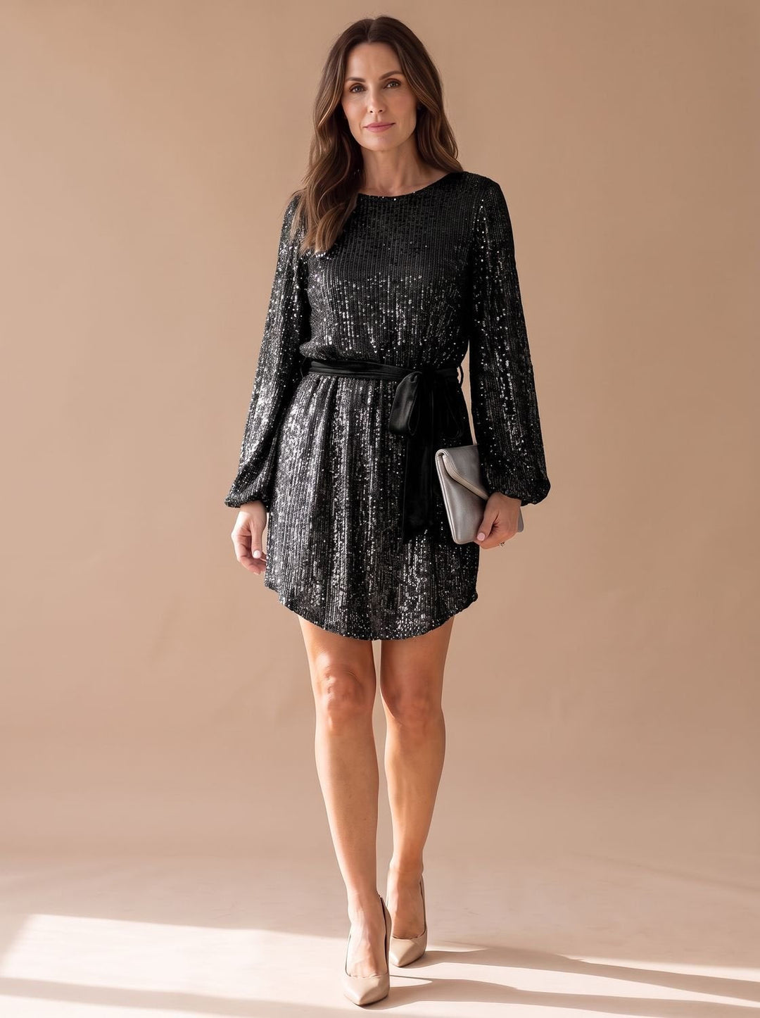 Women's Sparkly Long Sleeve Christmas Party Dress - Black