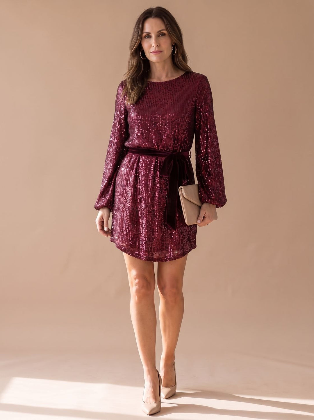 Women's Sparkly Long Sleeve Christmas Party Dress - Red
