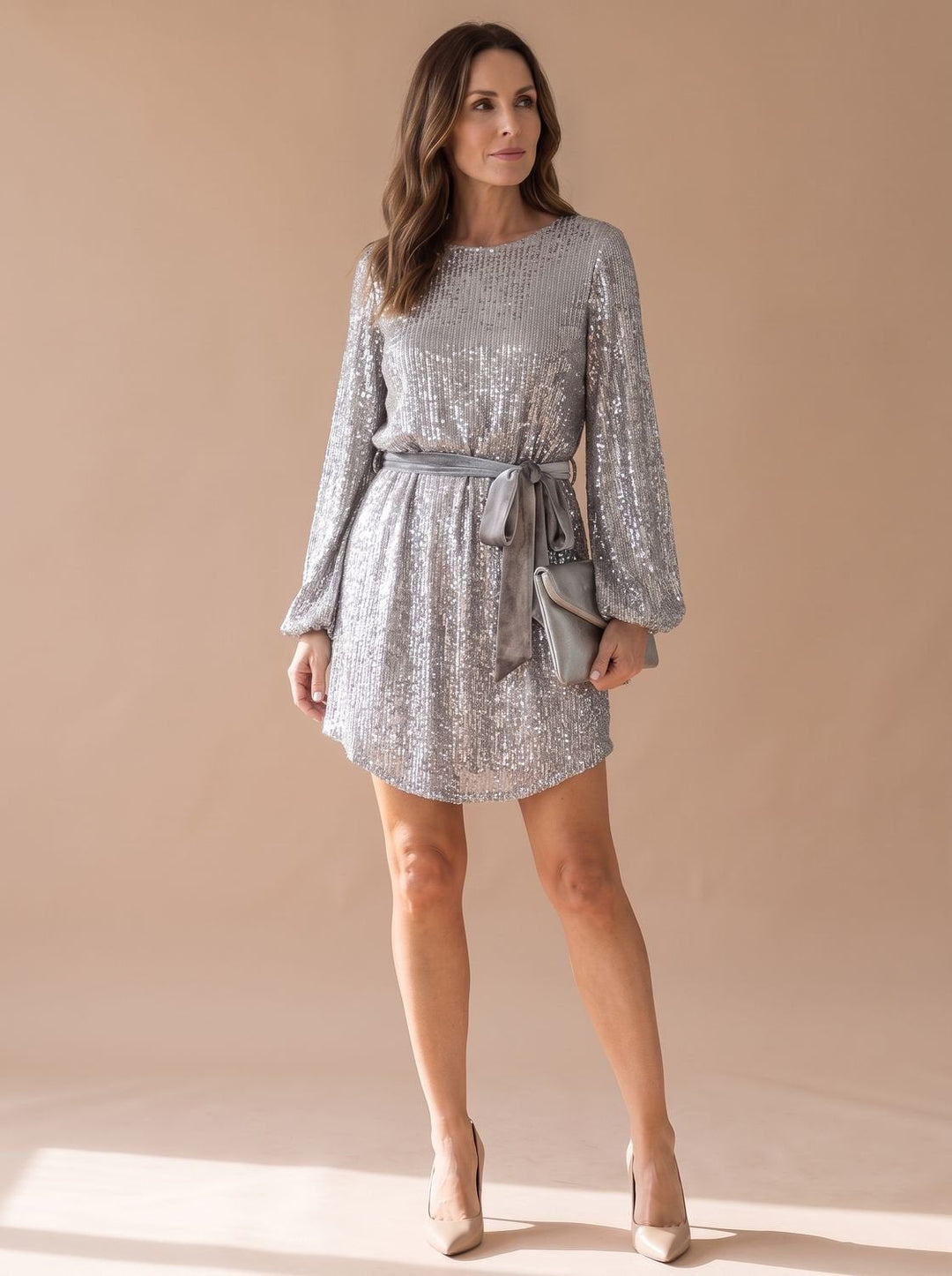 Women's Sparkly Long Sleeve Christmas Party Dress - White