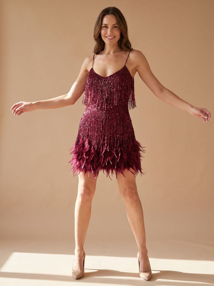 Women's Sequin Bodycon Mini Christmas Party Dress - Wine Red