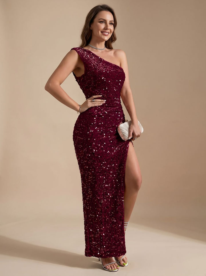 Women's Stylish Sequin Bodycon Maxi Christmas Party Dress - Burgundy
