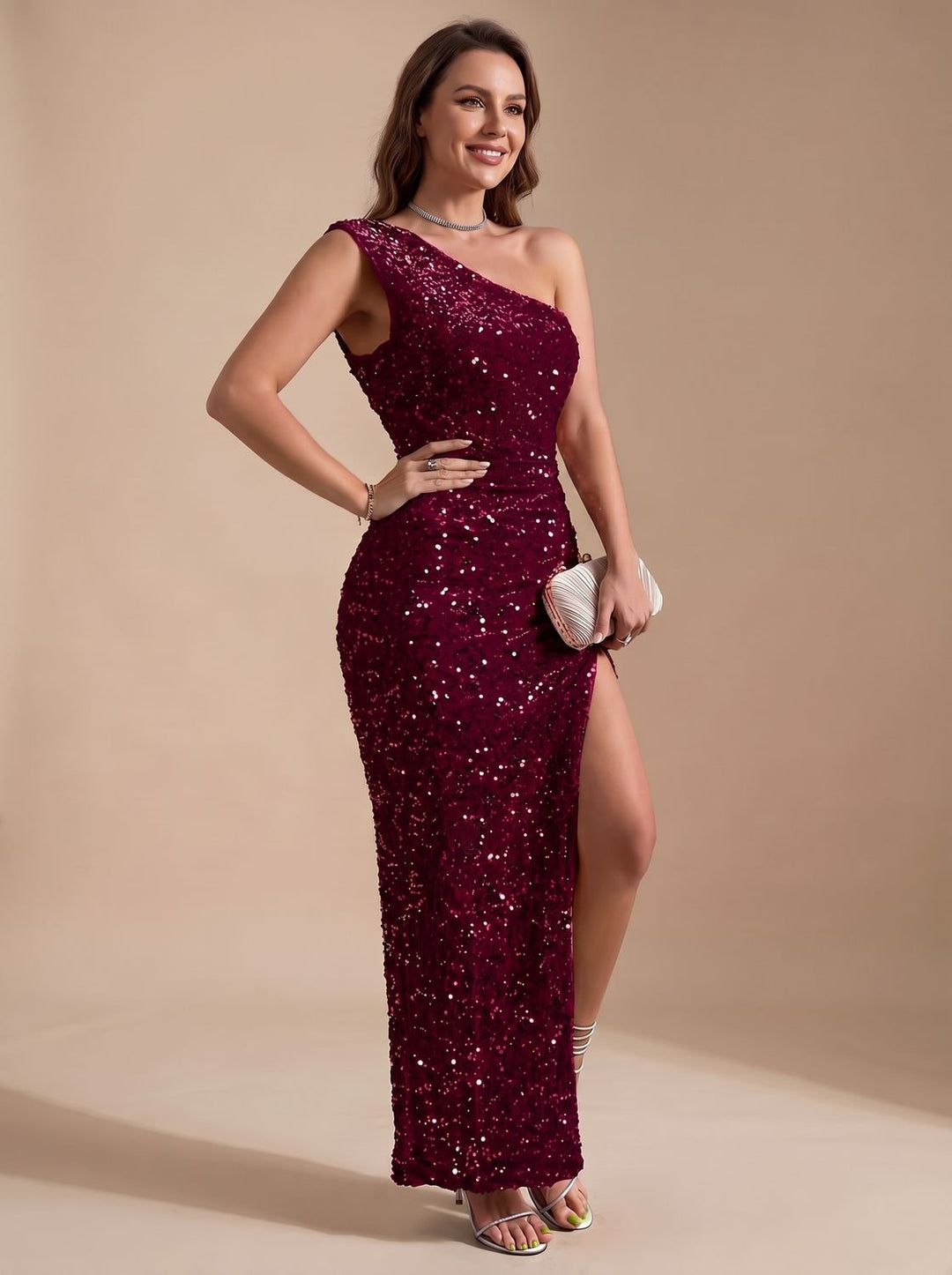 Women's Stylish Sequin Bodycon Maxi Christmas Party Dress - Red