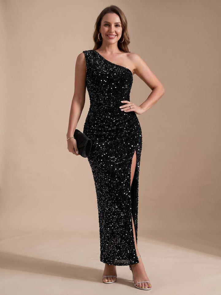 Women's Stylish Sequin Bodycon Maxi Christmas Party Dress - Black