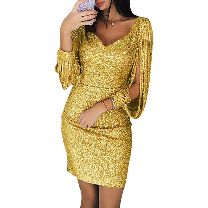 Women's Sequin Long Sleeve V-Neck Christmas Party Dress - Gold