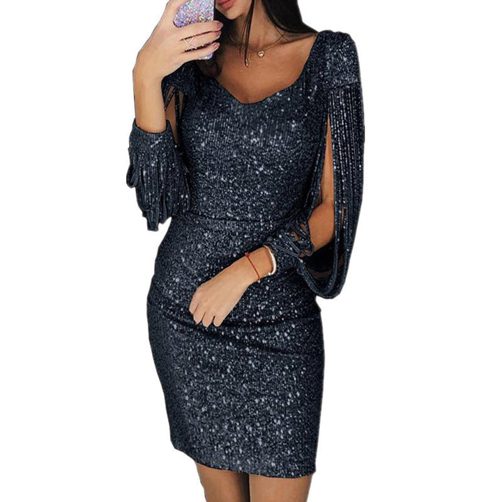 Women's Sequin Long Sleeve V-Neck Christmas Party Dress