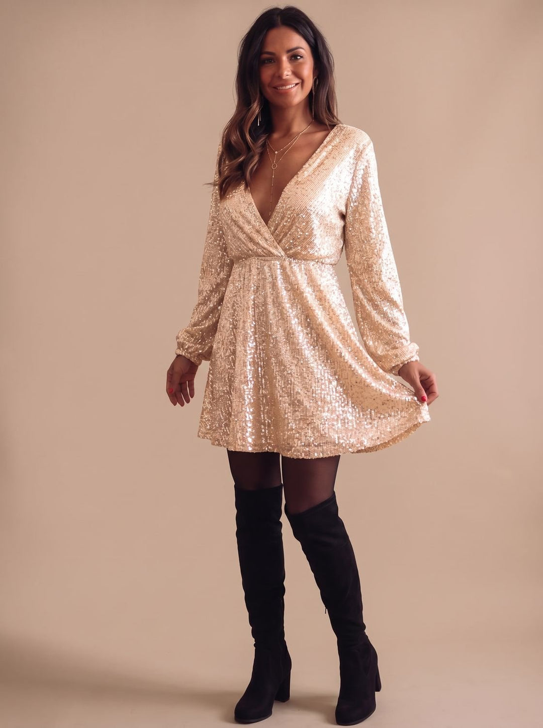 Women's Long Sleeve Sequin Mini Christmas Party Dress - Gold