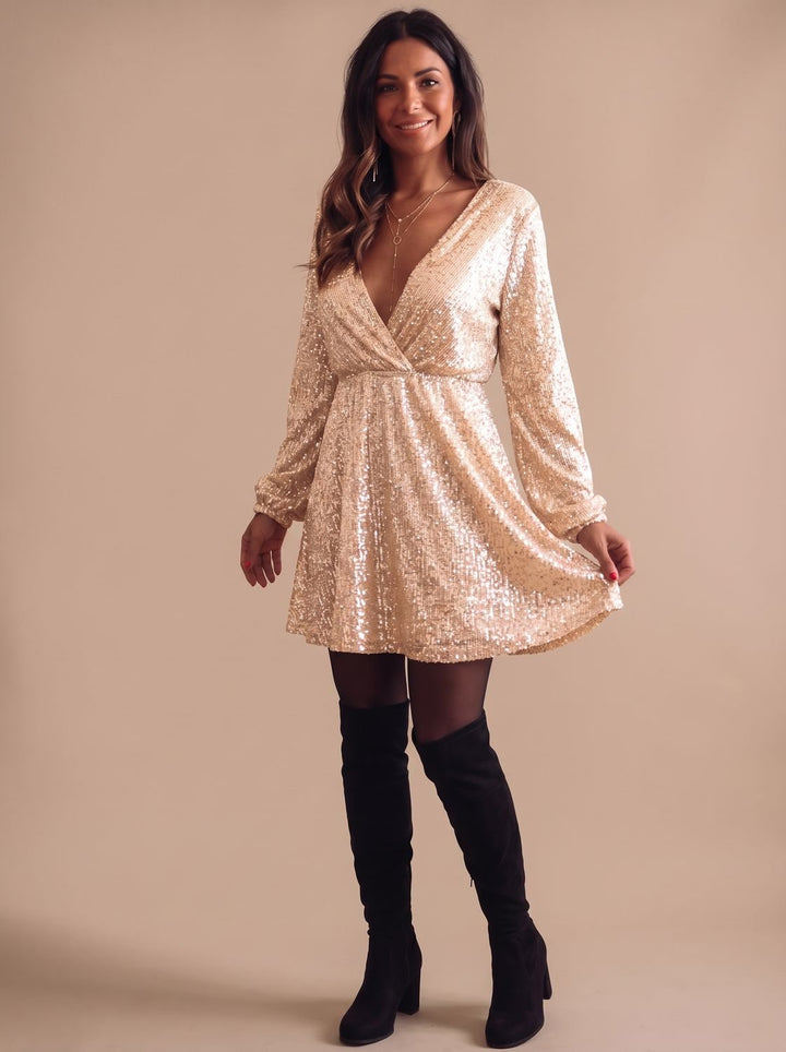 Women's Long Sleeve Sequin Mini Christmas Party Dress - Gold