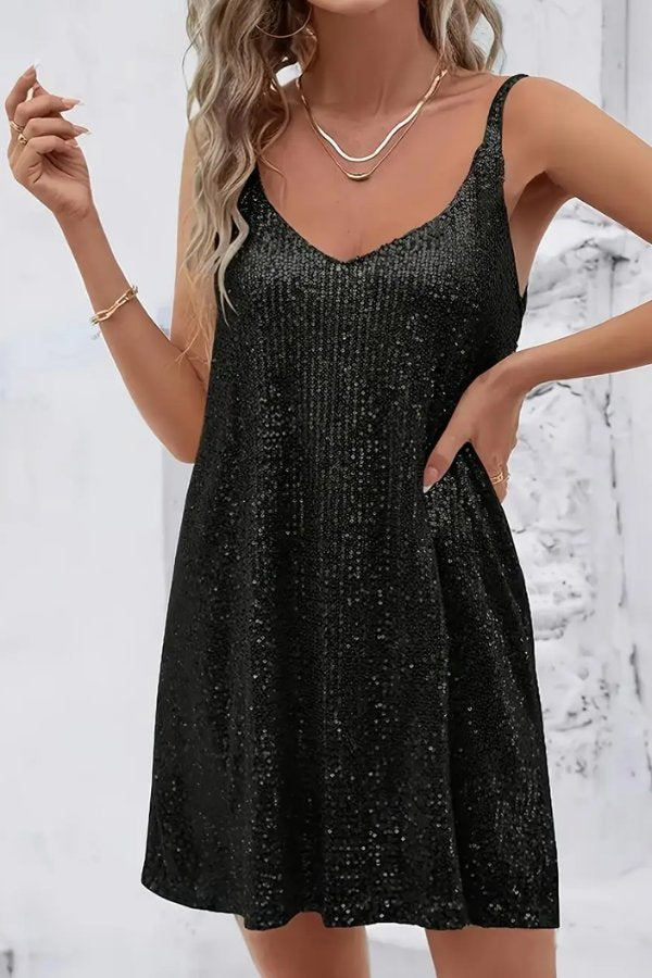 Women's Sequin V-Neck Mini Christmas Party Dress - Black