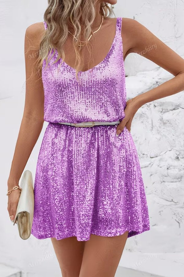 Women's Sequin V-Neck Mini Christmas Party Dress - Purple