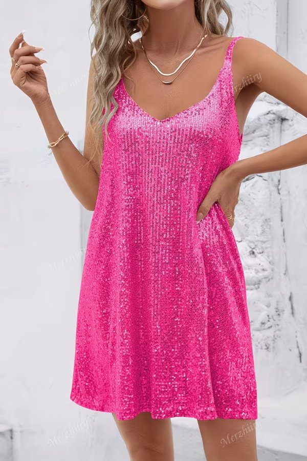 Women's Sequin V-Neck Mini Christmas Party Dress - Rose Red